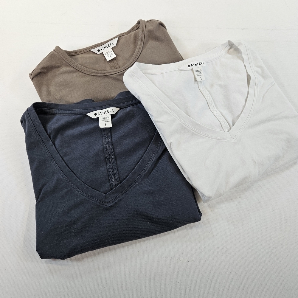 Lot Of 3 Athleta Shirts Womens Small Short Sleeve Tan Gray And White